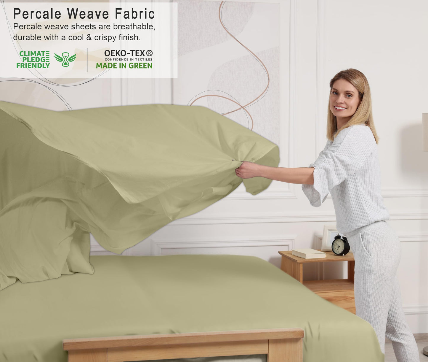 RUVANTI 100% Cotton Percale Sheets Queen Size – Crisp Cooling Bed Sheets for Hot Sleepers, Deep Pocket 16”, Soft Breathable & Durable Hotel-Style 4 Piece Set, Sage Green