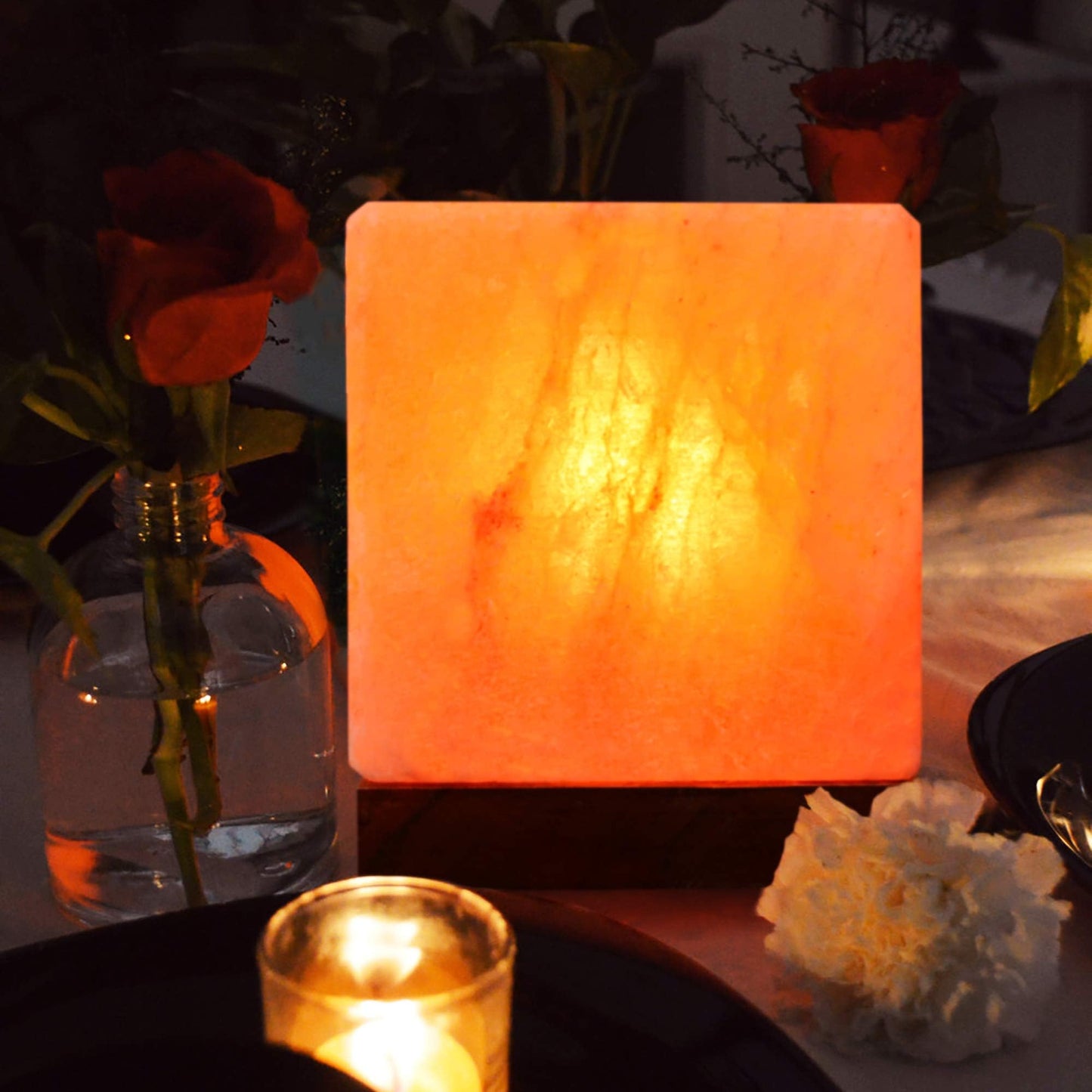 NatureBoost Himalayan Pink Salt Lamp, Cube Shape, 8 x 6 x 6 Inches – Hand-Carved Natural Salt Lamp with Wooden Base, Warm Ambient Glow for Bedroom, Living Room & Home Décor