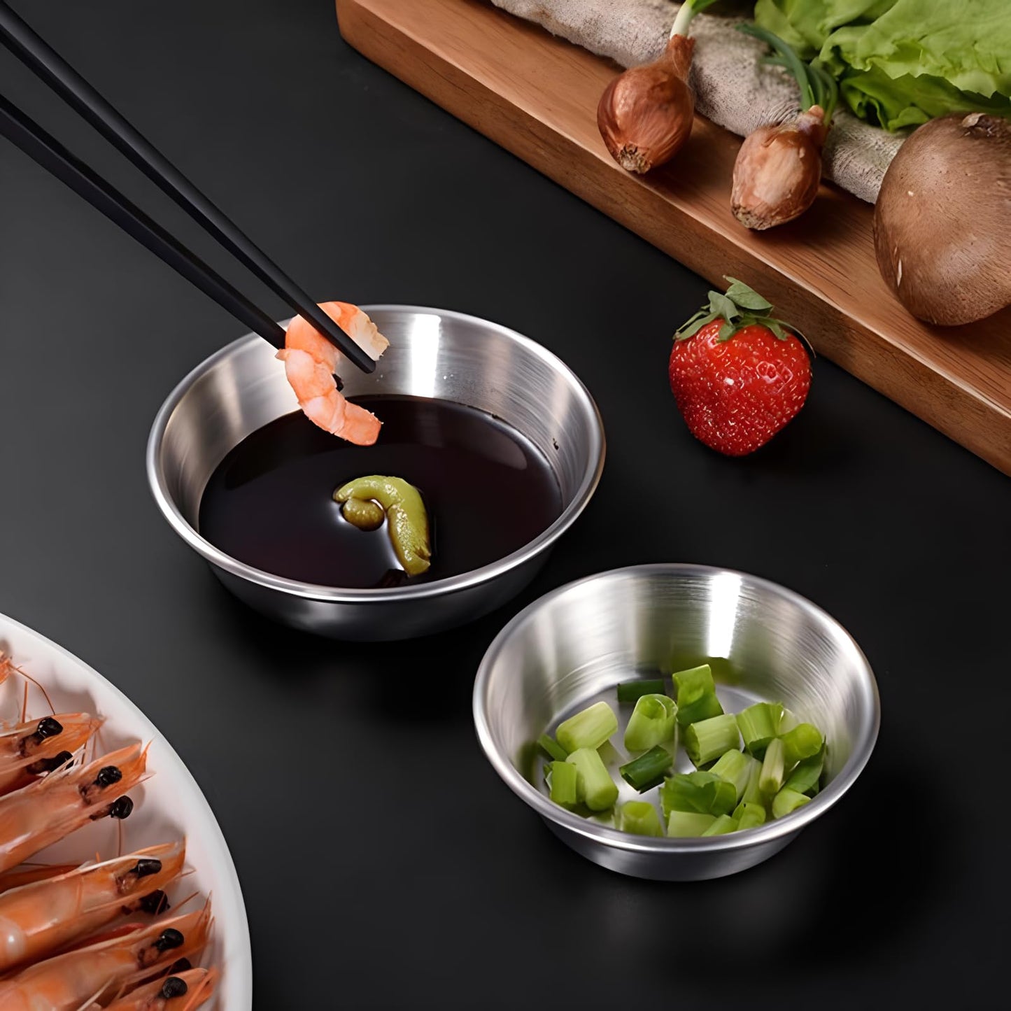 Fkereg 4 Pack Stainless Steel Soy Sauce Dish, 6 oz Dipping Condiment Bowls, Modern Style, Silver, 4.3 Inches, Dishwasher Safe