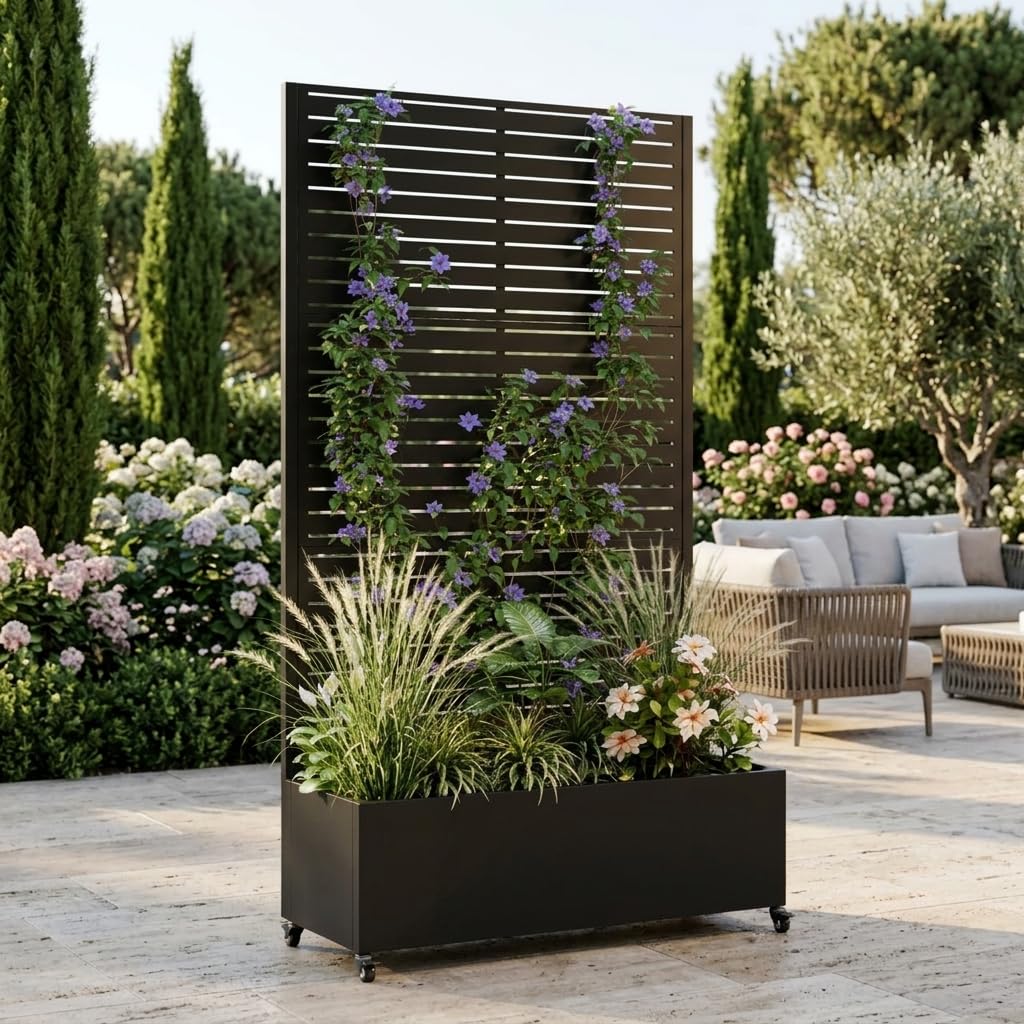 FLOHOVER 73" Metal Planter Box with Trellis, Outdoor Raised Garden Bed with Lockable Wheels & Drainage Holes, Galvanized Steel Privacy Screen Trellis Planter for Climbing Plants Vines Flowers