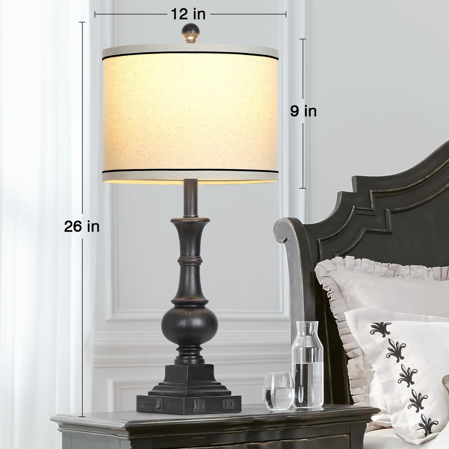 luxeflow Farmhouse Table Lamps Set of 2, Vintage Bedside Lamps with USB A+C Charging Ports & AC Outlet, 26" Rustic Nightstand Lamp for Living Room Bedroom End Table Wash Black(2 LED Bulbs Included)