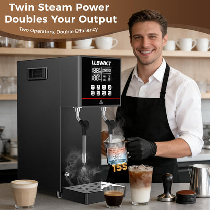LLBWACT Dual-Head Commercial Steam Milk Frother, 2 Independent Wands, 15s Fast Frothing, 2000W 8L Continuous Steam, Independent Temp Control with LED Display for High-Volume Coffee Shop Restaurant