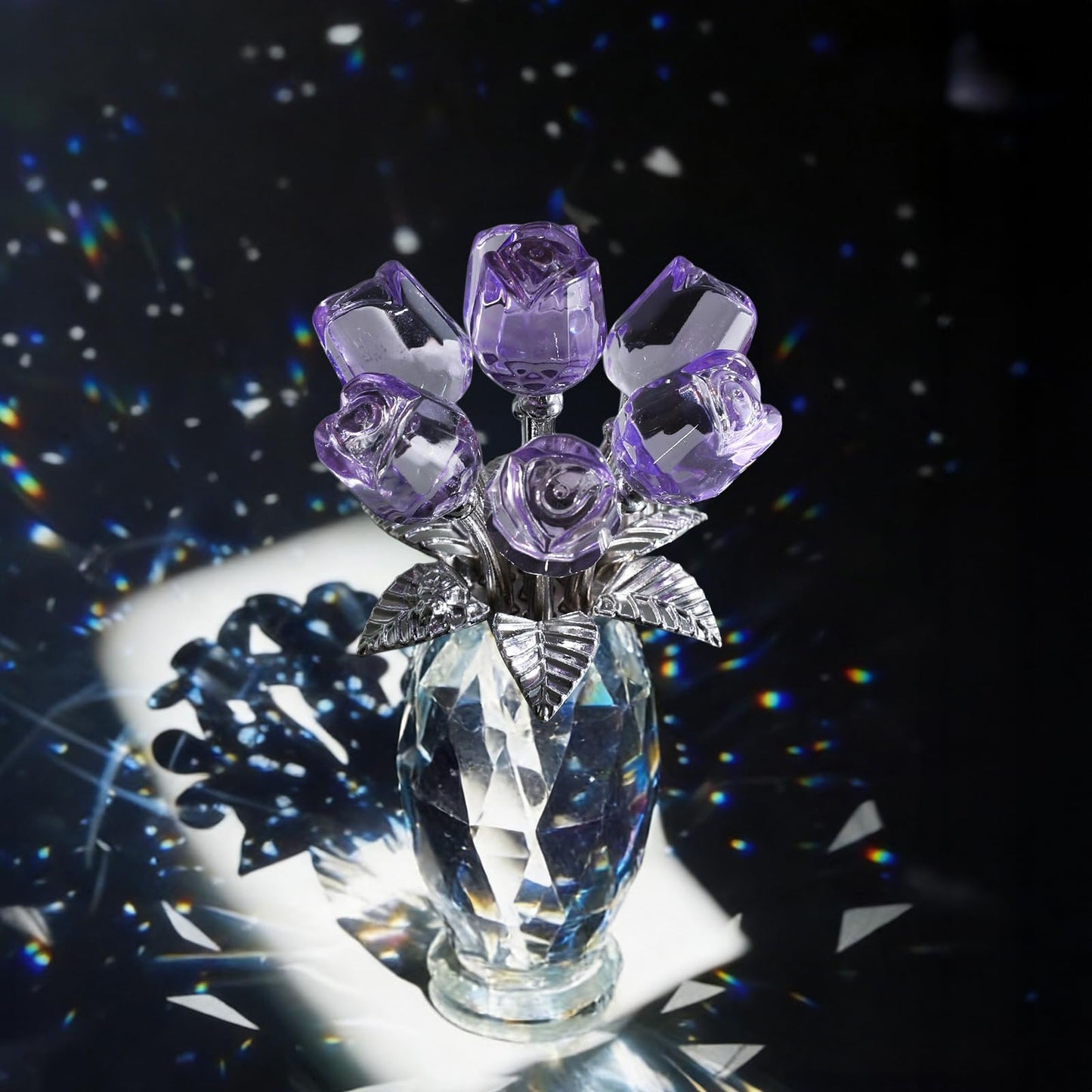 MysticGlitz Purple Crystal Rose Figurine in Faceted Vase - Hand-Polished 5.7" Glass Flower Statue Home Decor - Forever Rose Collectible for Mothers Day, Birthday, Wedding for Her