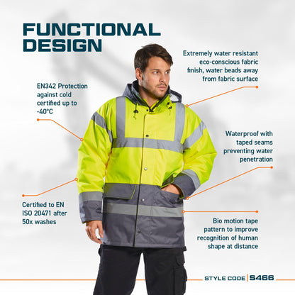Portwest S466 Men's Waterproof Hi Vis Traffic Jacket - Reflective Safety Coat Yellow, Large