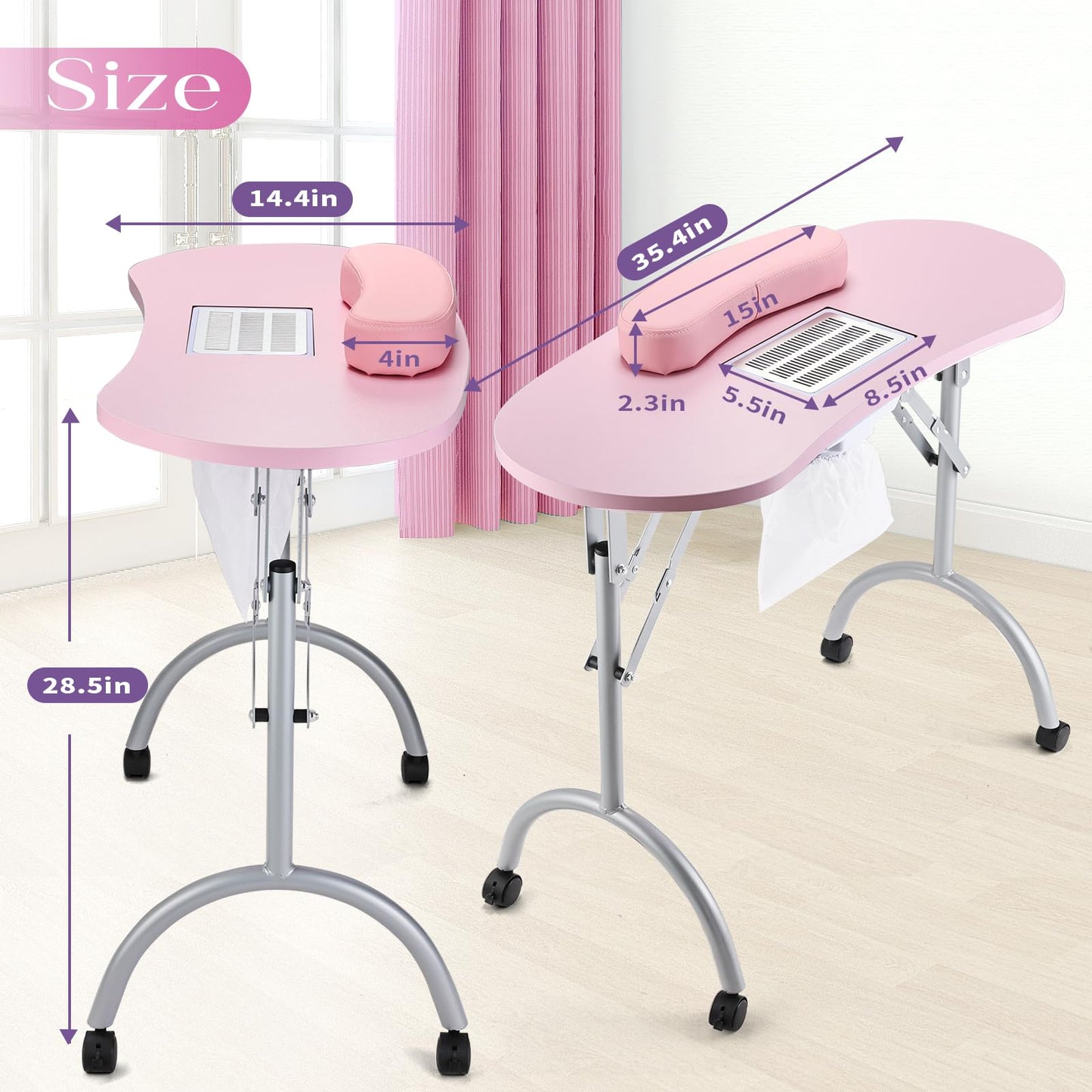 Faquenc Manicure Table with Nail Dust Collector, Portable Nail Table Rolling Nail Desk Nail Tech Travel Nail Station Foldable Professional Nail Salon Table with Cacuum,Arm Rest,Lockable Wheel,Bag,Pink