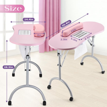 Faquenc Manicure Table with Nail Dust Collector, Portable Nail Table Rolling Nail Desk Nail Tech Travel Nail Station Foldable Professional Nail Salon Table with Cacuum,Arm Rest,Lockable Wheel,Bag,Pink