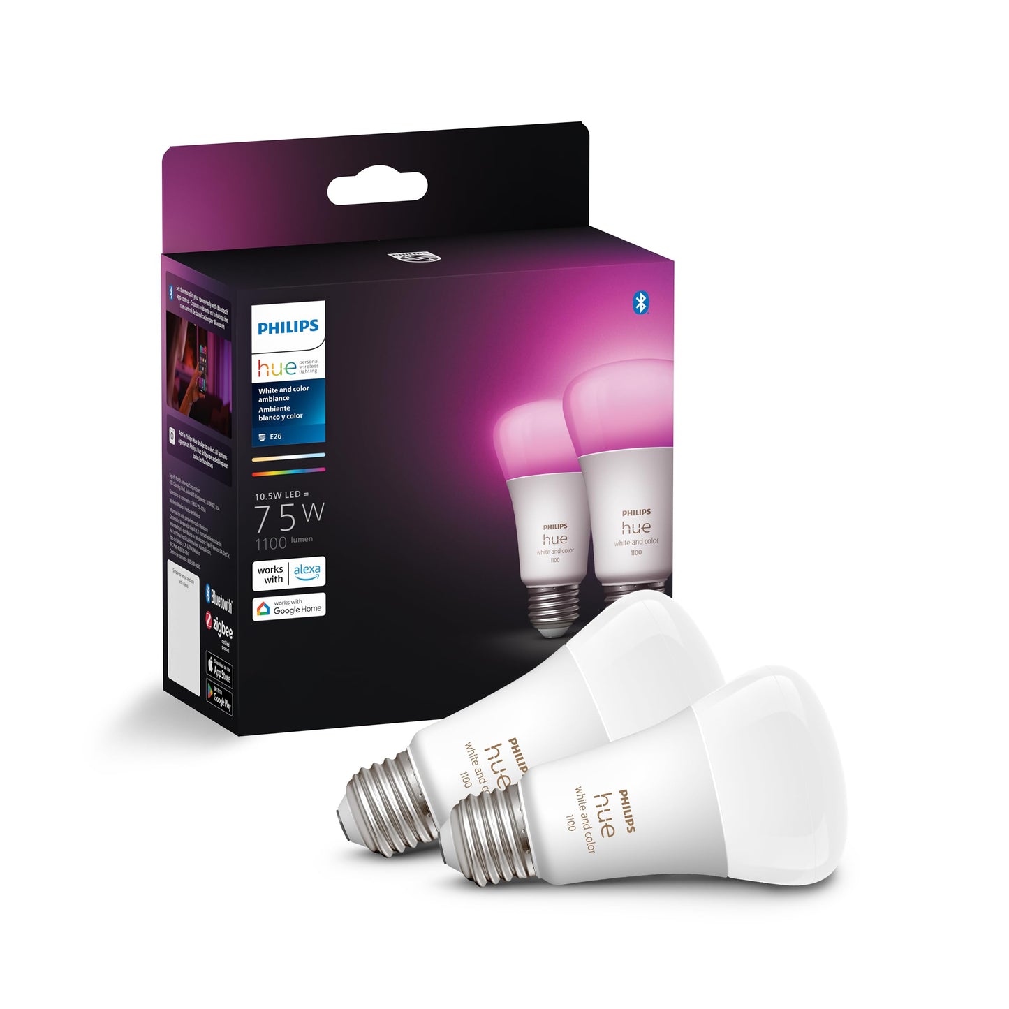 Philips Hue Smart 75W A19 LED Bulb - Soft Warm White Light - 2 Pack - 1100LM - E26 - Indoor - Control with Hue App - Works with Alexa, Google Assistant and Apple Homekit