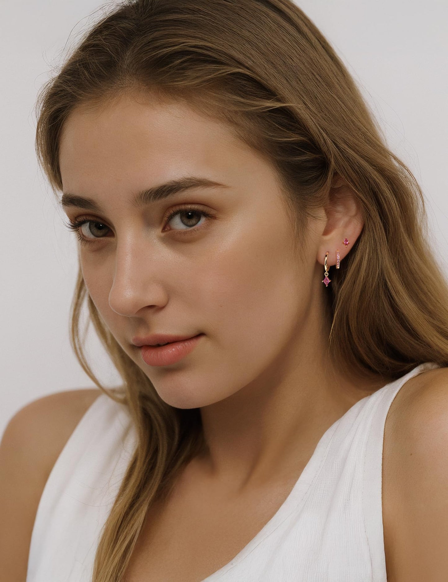 Gold Hoop Earrings Set for Women, Dainty 14K Gold Plated Pink Earrings, Hypoallergenic Trendy Small Earring Stacks Multiple Piercing, Huggies Magenta Dangle Earring Jewelry for Women