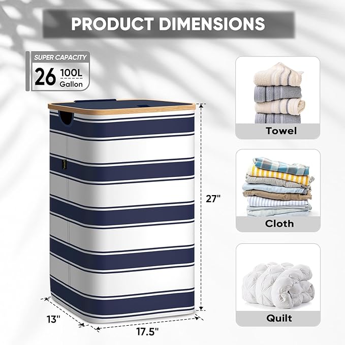 BALEINE Laundry Hamper with Lid, Tall Laundry Baskets with Bamboo Pull Handles