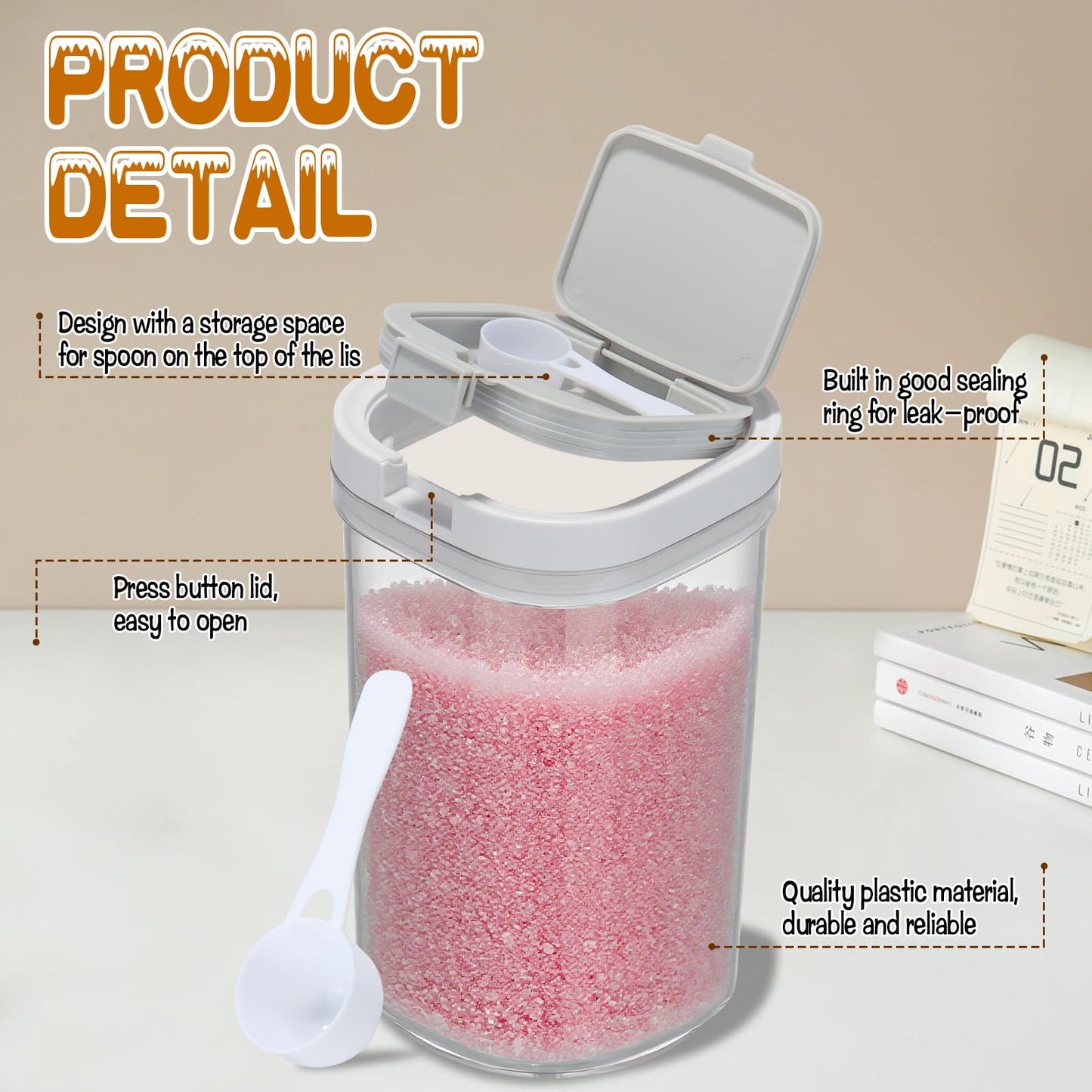 HFYZZ 2 Pack Bath Salt Jar with Pop-Up Airtight Lid and Scoop, 1.8L Plastic Airtight Storage Canister Bathtub Accessories for Bathroom Salt, Flour, Candy, Tea