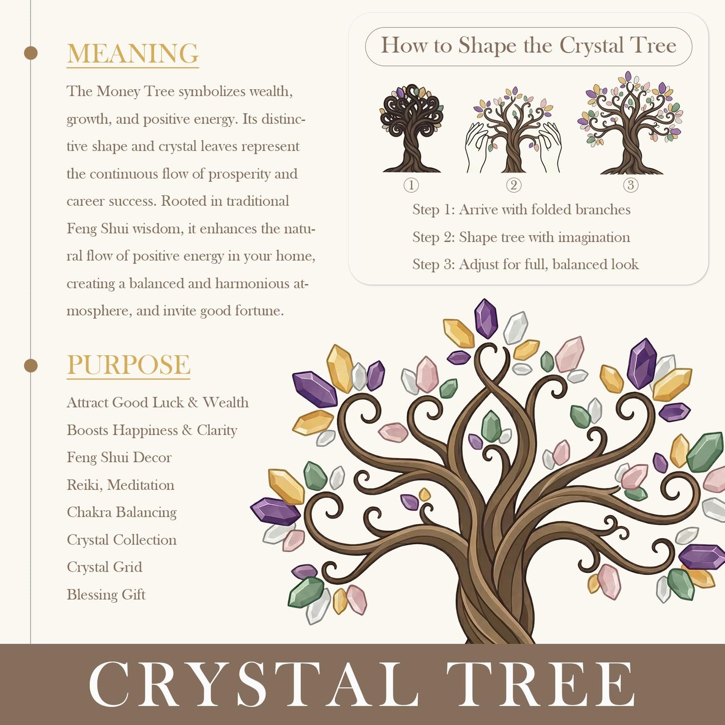TUMBEELLUWA Natural Crystal Chips Money Tree for Good Luck and Wealth Handmade Stones Figurine Bonsai Tree with Natural Amethyst Cluster Base, Rose Quartz+Aquamarine