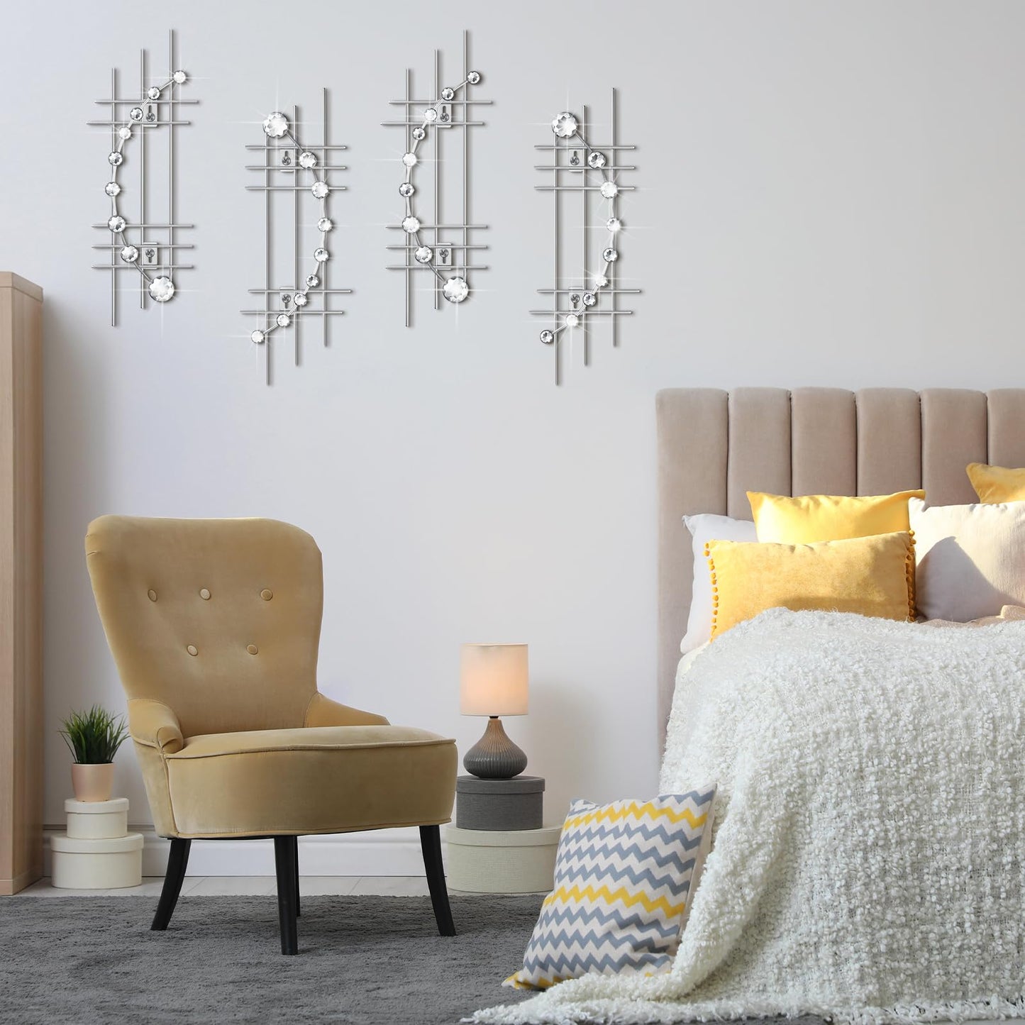 Lingvee 4 Pcs Sliver Metal Rhinestones Wall Decor 3D Silver Jeweled Art Bling Crystal Home Decorative Metal Wall Art for Living Room