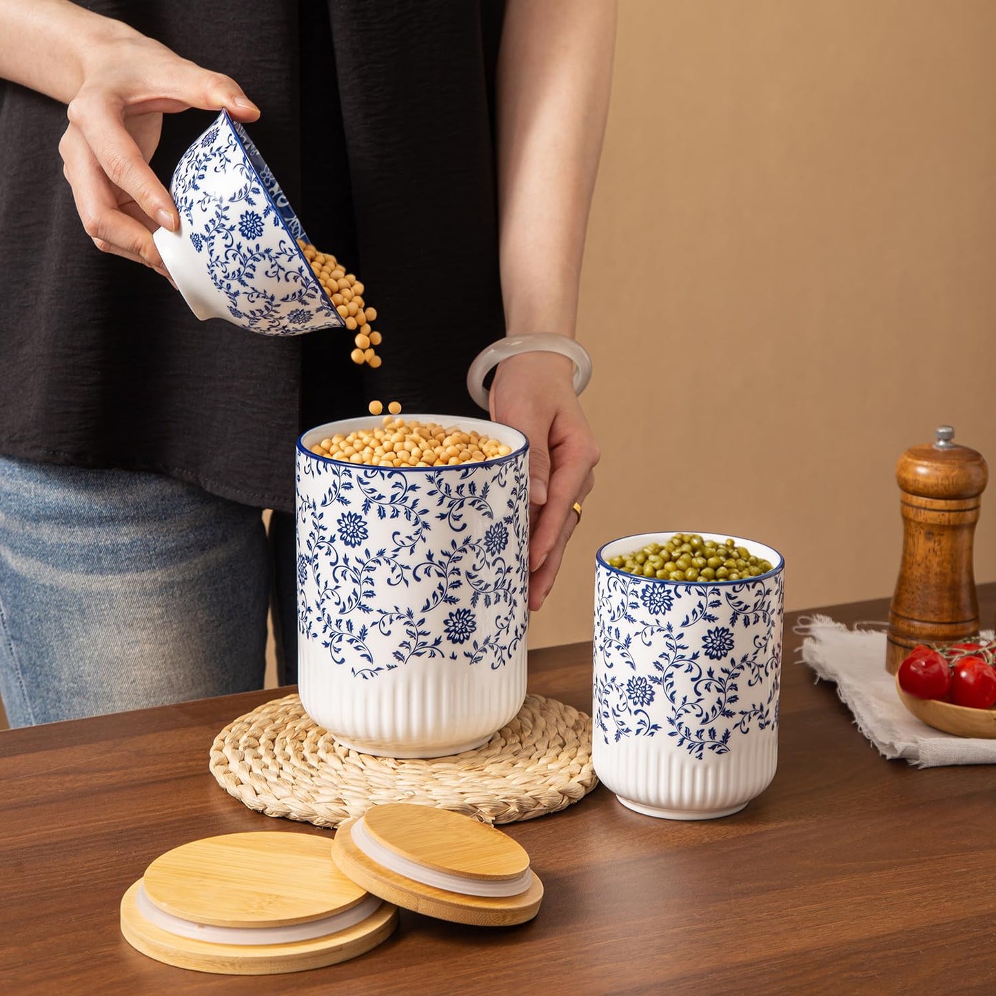 Cerkik Canisters Sets for the Kitchen - 2 Pcs 36/18 oz Ceramic Kitchen Containers for Countertop with Airtight Wood Lids - Flour and Sugar Containers for Coffee Tea Spice Beans Cookie Jars - Blue