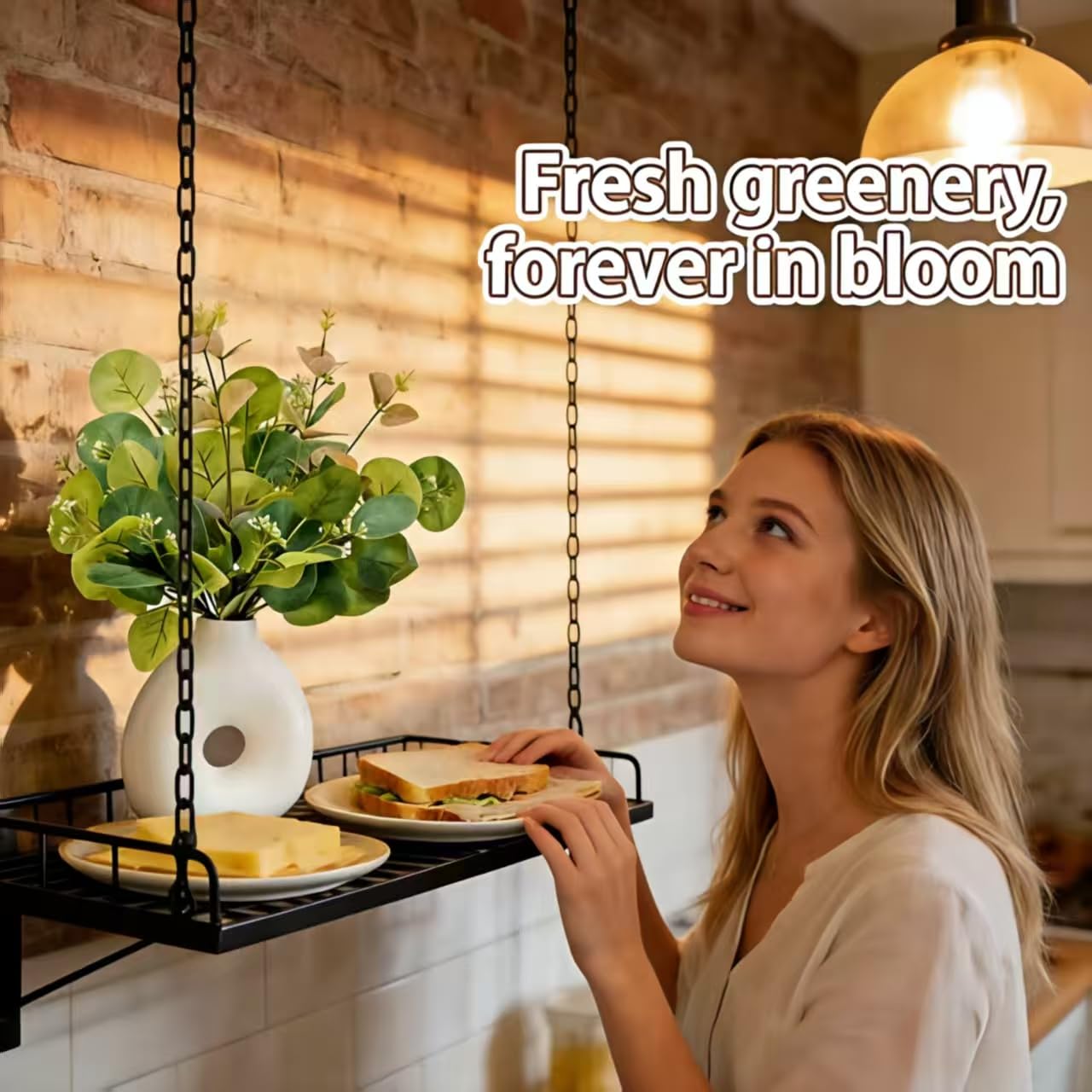 EZBOHO Artificial Plant in Ceramic Donut Vase 11.5” Faux Greenery Potted Branches Realistic Leaves Stems Modern Minimalist White Speckled Hollow Vase for Home Office Table Shelf Bathroom Decor