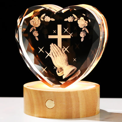 3D Cross with Praying Hands Crystal Heart Religious Gifts for Women Men - Glass Christian Gift Idea for Room with Wooden Light Base, Collectible Night Light for Catholic on Easter Home Decor