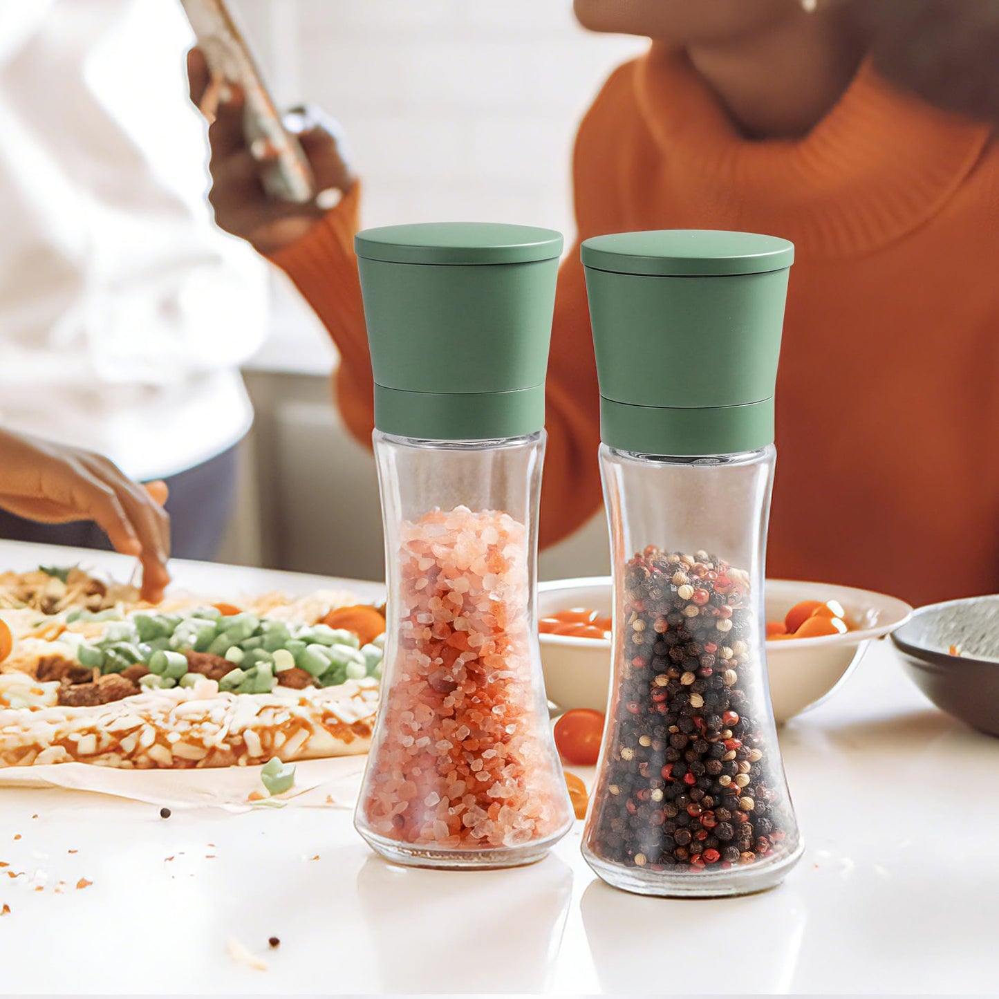 VEVOK CHEF Green Salt and Pepper Grinder Mill Set Stainless Steel Pepper Shaker Adjustable Ceramic Coarseness Salt Grinder Black Pepper Spice Grinder Mill