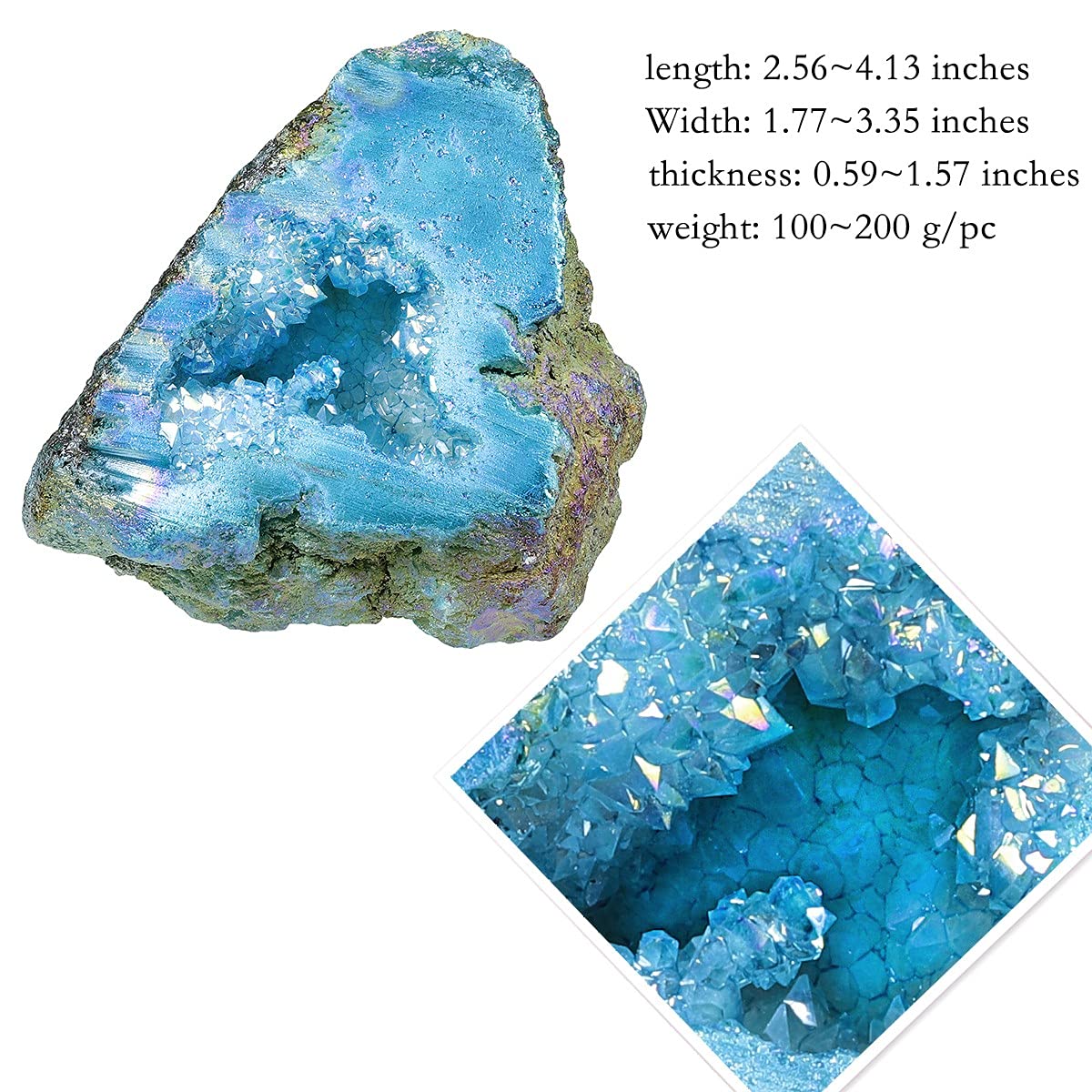 SUNYIK Natural Rainbow Titanium Coated Quartz Geode Quartz Crystal Cluster Specimen for Home Office Decoration Reiki Healing Meditation, 100-200g(0.2-0.4lb), Blue