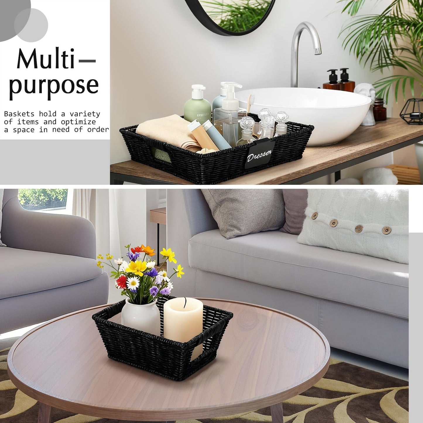 Marsui 9 Pcs Wicker Storage Baskets for Pantry Organization with Handle Labels Handwoven Multi-size Brown Small Organizer Baskets Storage Bins Container for Shelves Closet Toilet Christmas Holiday