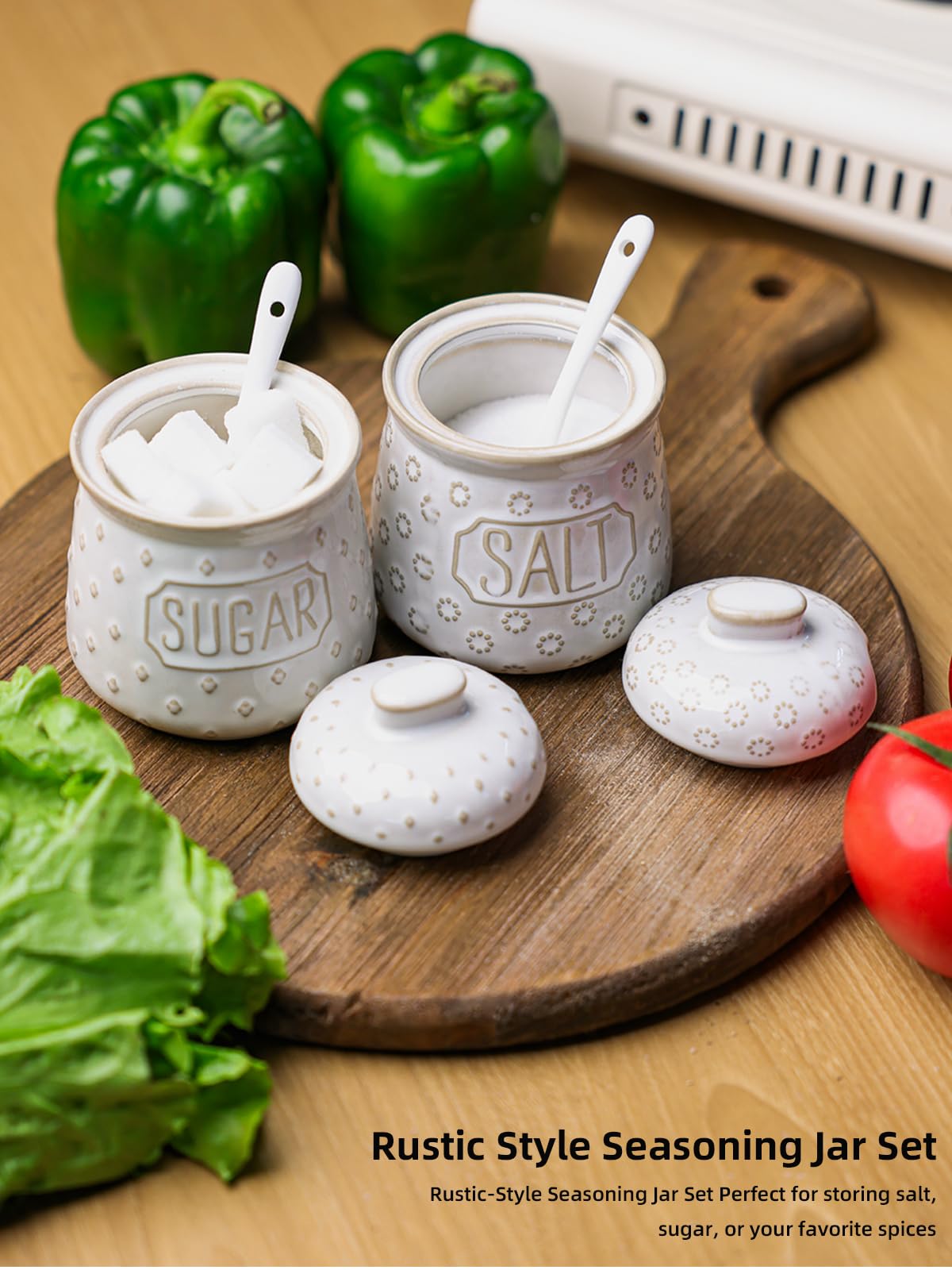 GDCZ 10 Oz Ceramic Salt and Sugar Bowls Set with Lid and Spoons, Seasoning Container, Dishwasher Safe, Set of 2 (White)