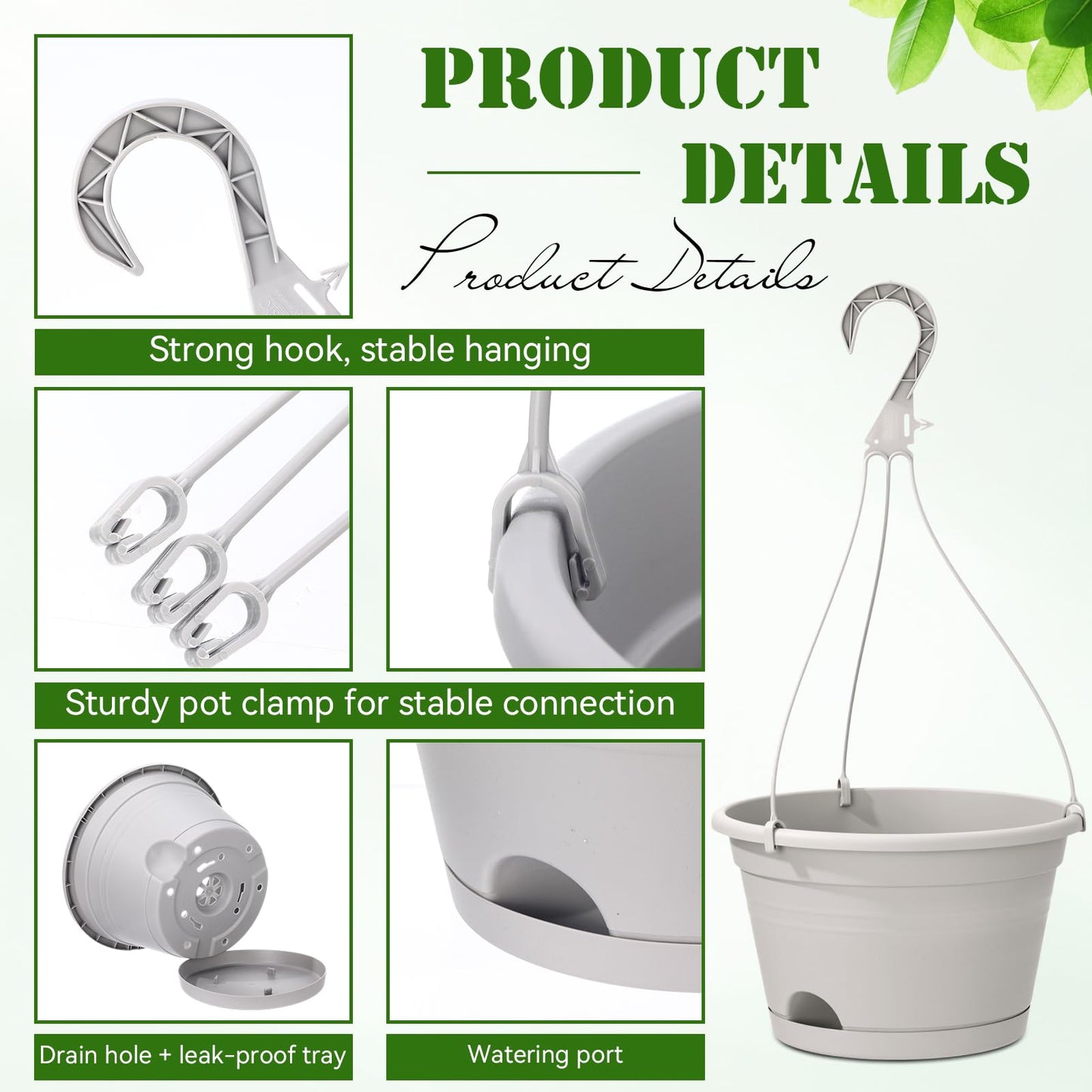 Roshtia 20 Pcs 10 Inch Hanging Baskets for Plants Large Plastic Hanging Basket Pots with Drainage Trays Self Watering Planter Pots for Outdoor Indoor Plants Flowers Garden Balcony (Grey White)