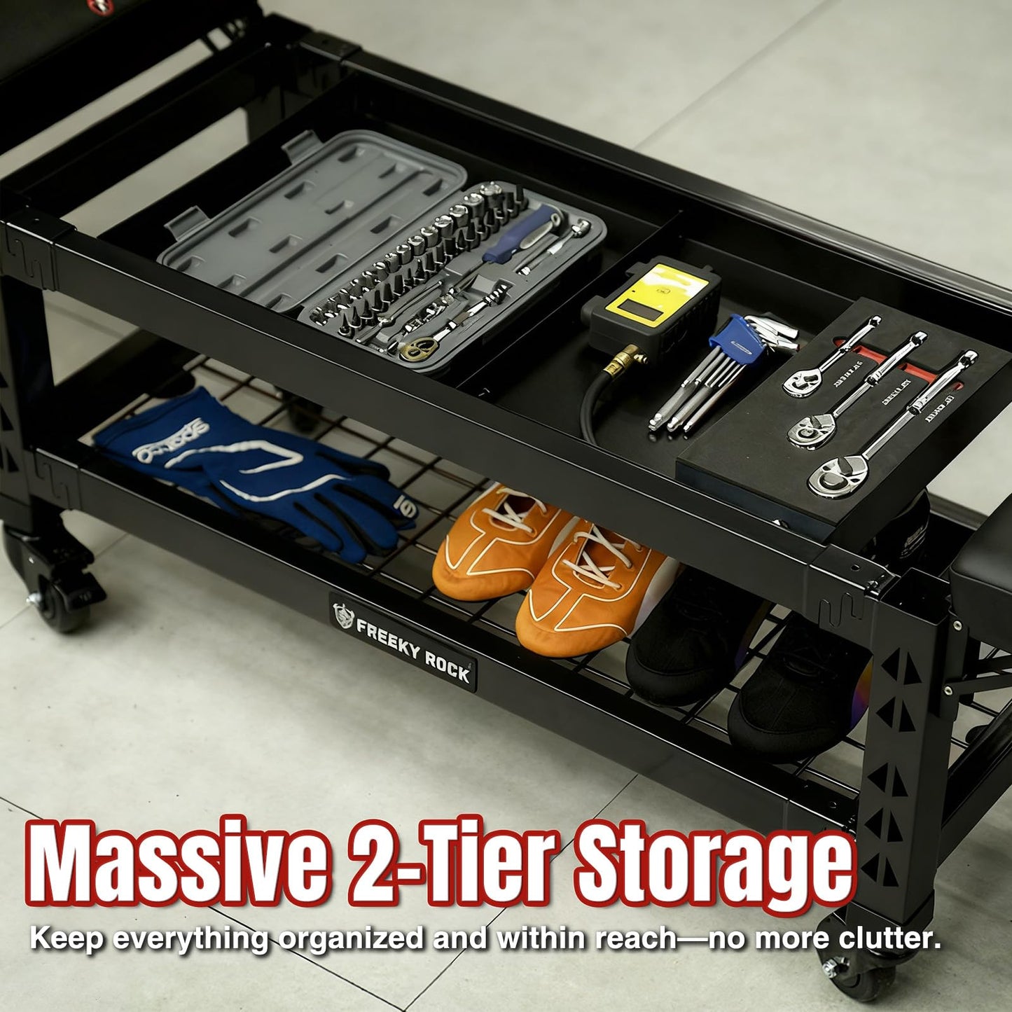 Rolling Garage Stool Bench 4-in-1 Folding Work Seat with Removable Creeper Pad & 2-Tier Storage, Heavy-Duty 500LB Capacity, Shoe Rack Storage Shelf Convertible Bed for Garage, Workshop, Gym, Black