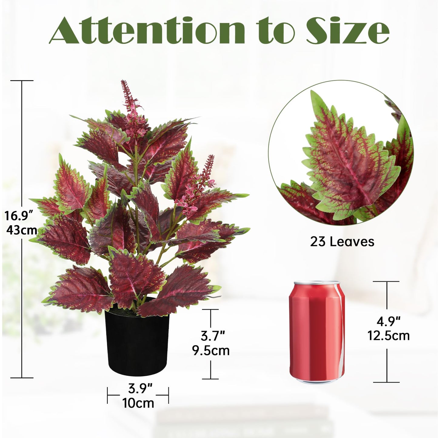 Artificial Plants Indoor with Pot 16.9" Faux Potted Perilla Plants Indoor Decorative Silk Greenery in Black Pot for Farmhouse Home Bathroom Living Room Office Table Shelf Decor