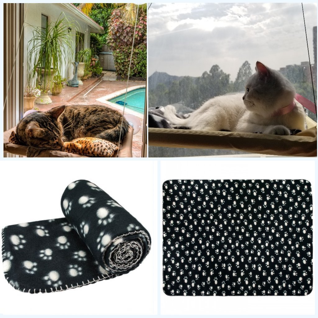 JZK Window Mounted Cat Hammock + Blanket, Suction Cup Pet Bed and Black Blanket for Cat Perch