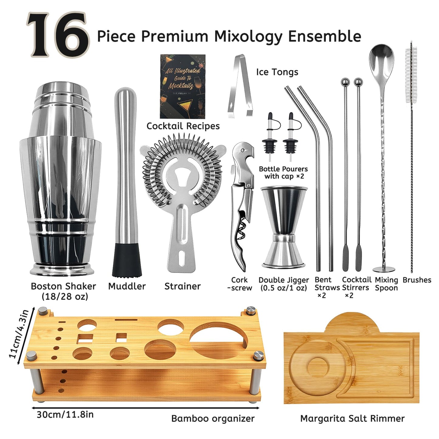 Daily Treasures Professional Cocktail Shakers Set with Bamboo Display Stand & Margarita Salt Rimmer,16-Piece Bartender Kit for Home Bar,825ml / 28oz Boston Shaker, Mixology Bartender Kit Bar Tool Set
