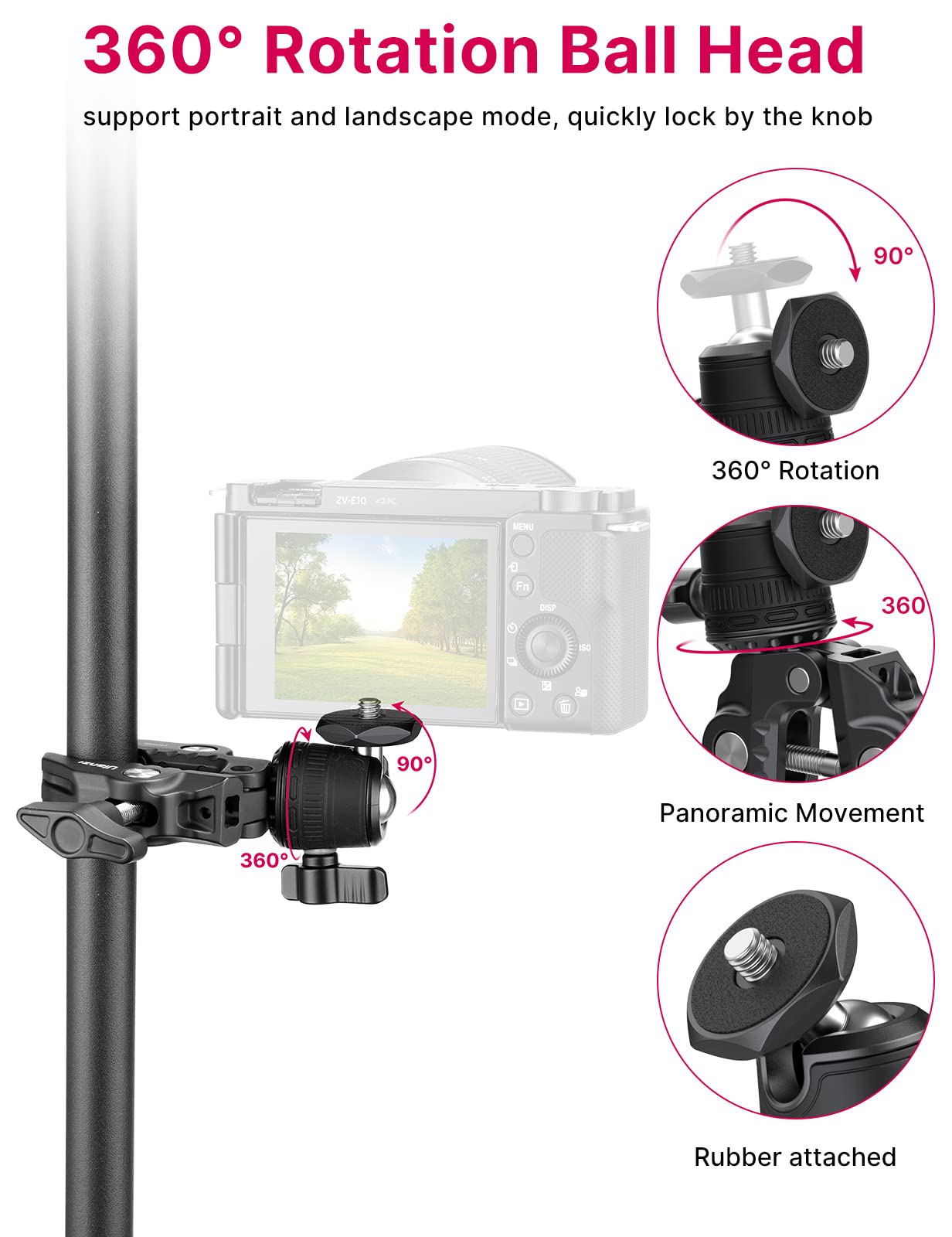 ULANZI R099 Super Clamp Camera Mount - Heavy Duty 3.3lb Load Metal Clamp with 360° Ball Head for Action Cameras (GoPro/Insta360/DJI), DSLR, Bike/Motorcycle Handlebar, Pole/Tube Mount Accessories