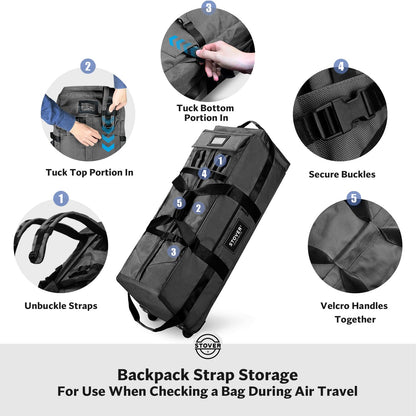 STOVER 45/80/100L Rolling Duffel Bag with Wheels, X-Large Durable Travel Duffle + Toiletry Bag, Heavy Duty, Packable with Shoulder Straps- Use as Luggage or Backpack, Men/Women (Black)