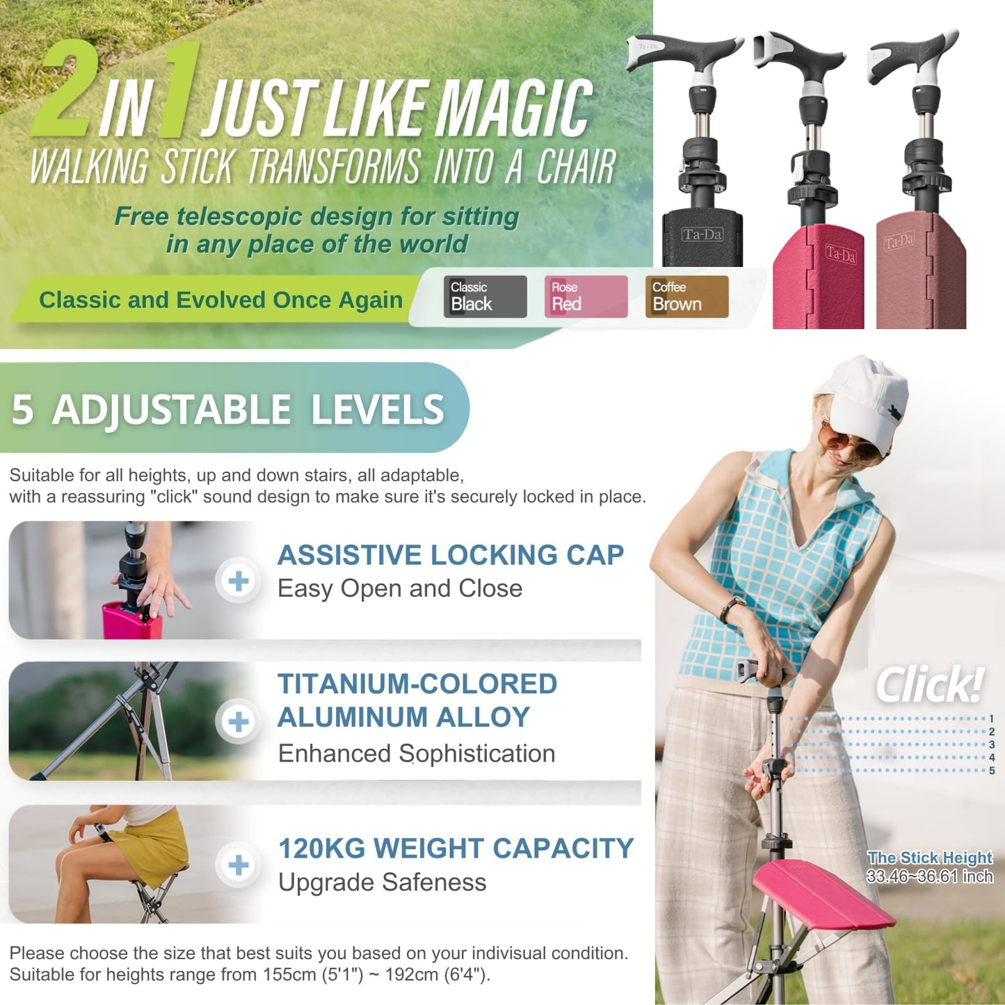 Ta-Da Chair Series 1 Pro, Portable Trekking Hiking Pole, Folding Walking Stick with Seat, Walking Cane with Chair, Foldable Chair, Lightweight Aluminum, Easy Carry and Storage, Anti-Slip, Black