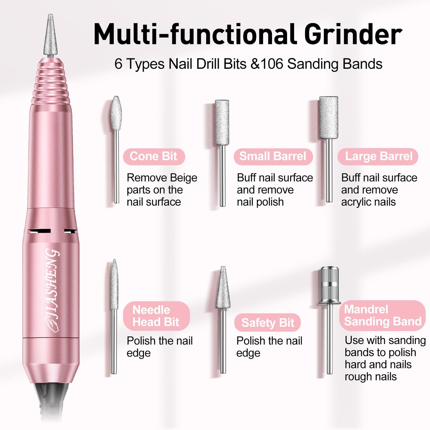20000RPM Electric Nail Drill Professional Nail File Drill Acrylic Nails Kit for Manicure Gel Nail Polish Remover with 1 Pack of Sanding Bands(Pink)