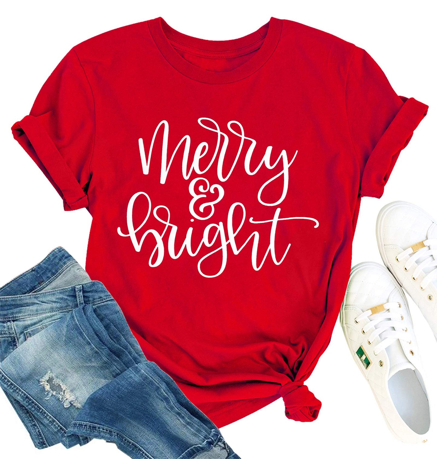MAIHUN Christmas Shirts Womens Merry and Bright Shirt Xmas Holiday Tshirt Christmas Lights Tee Tops Red