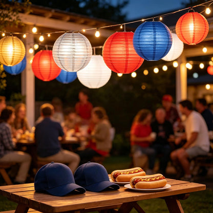 AimtoHome Paper Lanterns Set (10 Pcs)- 8/10 Inch Royal Blue, Red, White, Gold & Silver Round Hanging Paper Lanterns for Wedding, Birthday, Patriotic Holiday, Party Decor, Baby Showers & Home Accents