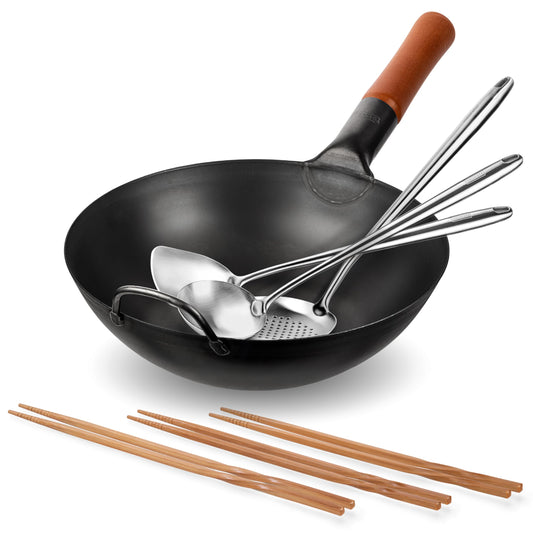 YOSUKATA Carbon Steel 11.8" Stir Fry Wok Pan - Pre-Seasoned Chinese Wok with Flat Bottom + 17" Wok Spatula and Ladle Skimmer Spoon + Reusable Natural Wooden Long Cooking Chopsticks Set of 3 pairs