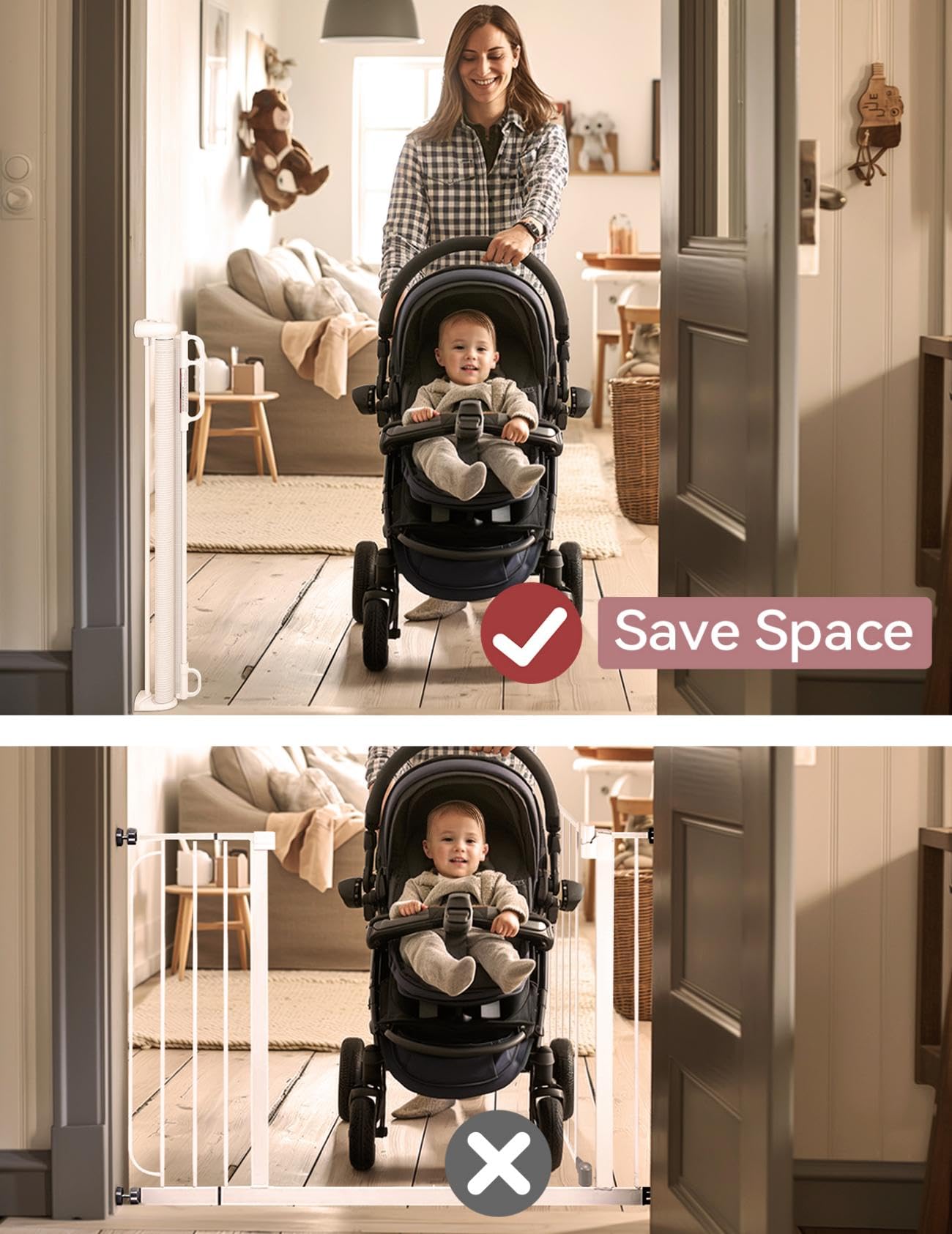 Momcozy Retractable Baby Gate, 33" Tall, Extends up to 55" Wide, Child Safety Baby Gates for Stairs, Doorways, Hallways, Indoor, Outdoor White