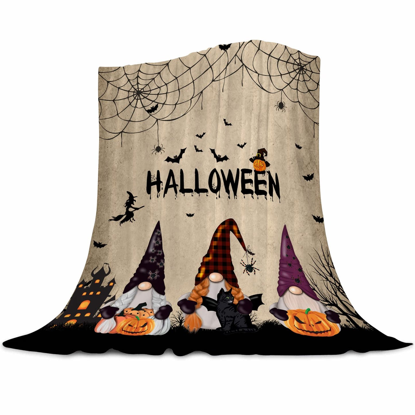 Halloween Gnome Blanket Flannel Fleece Throw Blankets Halloween Bats Black Cat Blanket Lightweight Cozy Warm Fuzzy Plush Soft Blankets for Couch Bed Sofa 40X50 Inches