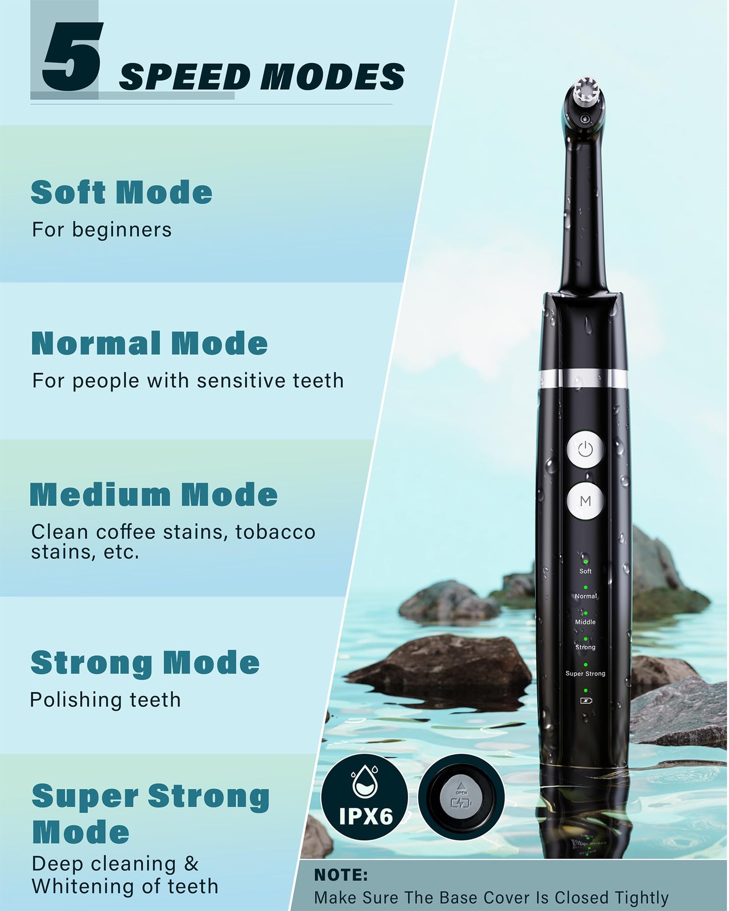 Tooth Polisher, Rechargeable Tooth Whitening Kit for Teeth Cleaning and Whitening, with 3 Tooth Polish Paste and 5 Brush Heads, LED Light, Easy to Use at-Home Personal Dental Care Kit (Black)