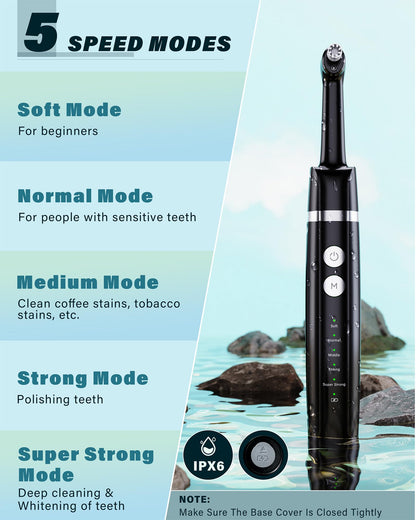 Tooth Polisher, Rechargeable Tooth Whitening Kit for Teeth Cleaning and Whitening, with 3 Tooth Polish Paste and 5 Brush Heads, LED Light, Easy to Use at-Home Personal Dental Care Kit (Black)