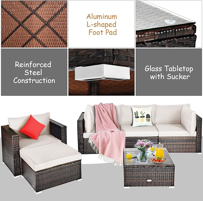 Tangkula 6 Pieces Wicker Patio Furniture Set, PE Rattan Outdoor Sectional