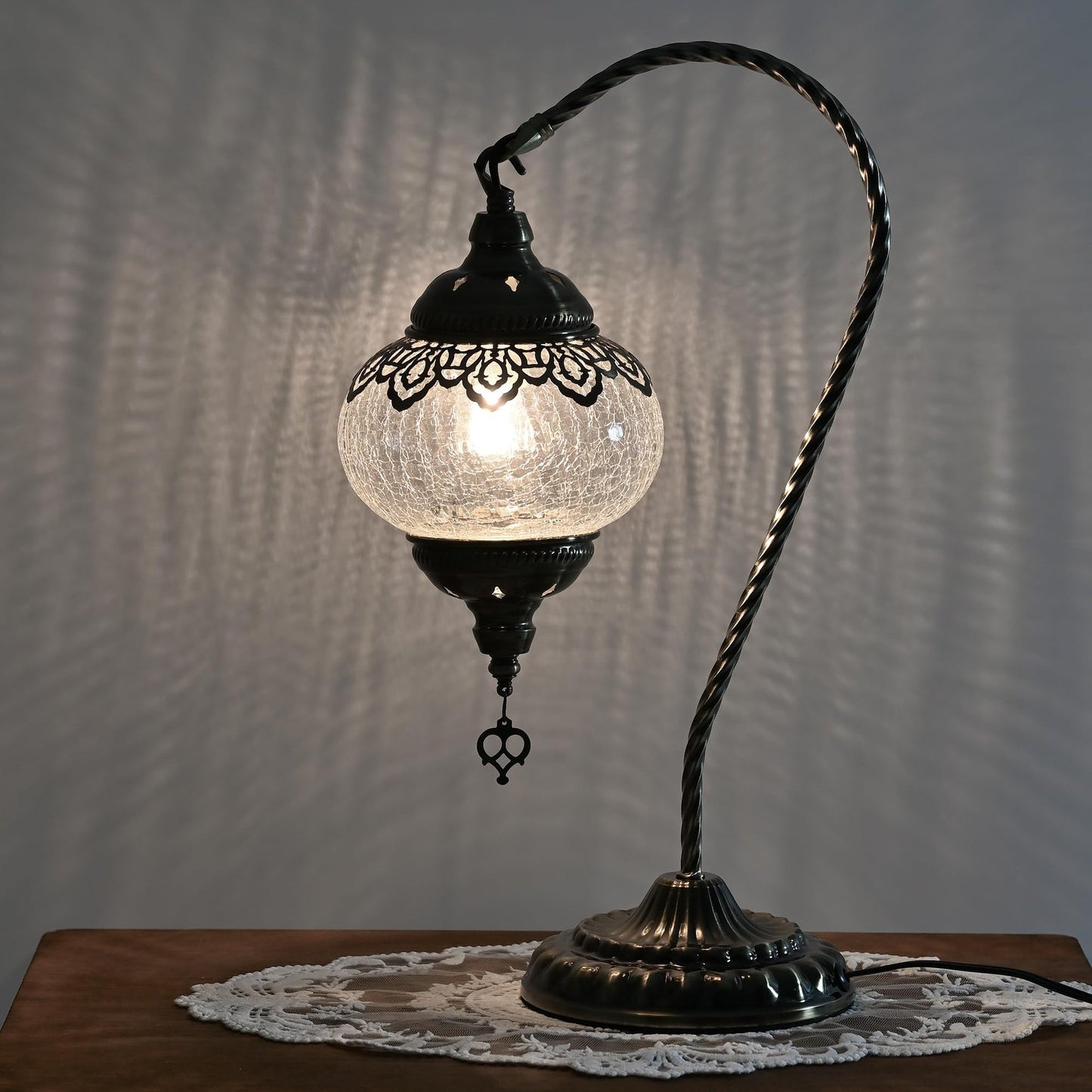 GOGERS Swan Neck Turkish Moroccan Lamp Handmade Stained Mosaic Glass Vintage Lamp Shade Bohemian Tiffany Style Bedside Night Lamp Lighting for Bedroom Living Room (White)