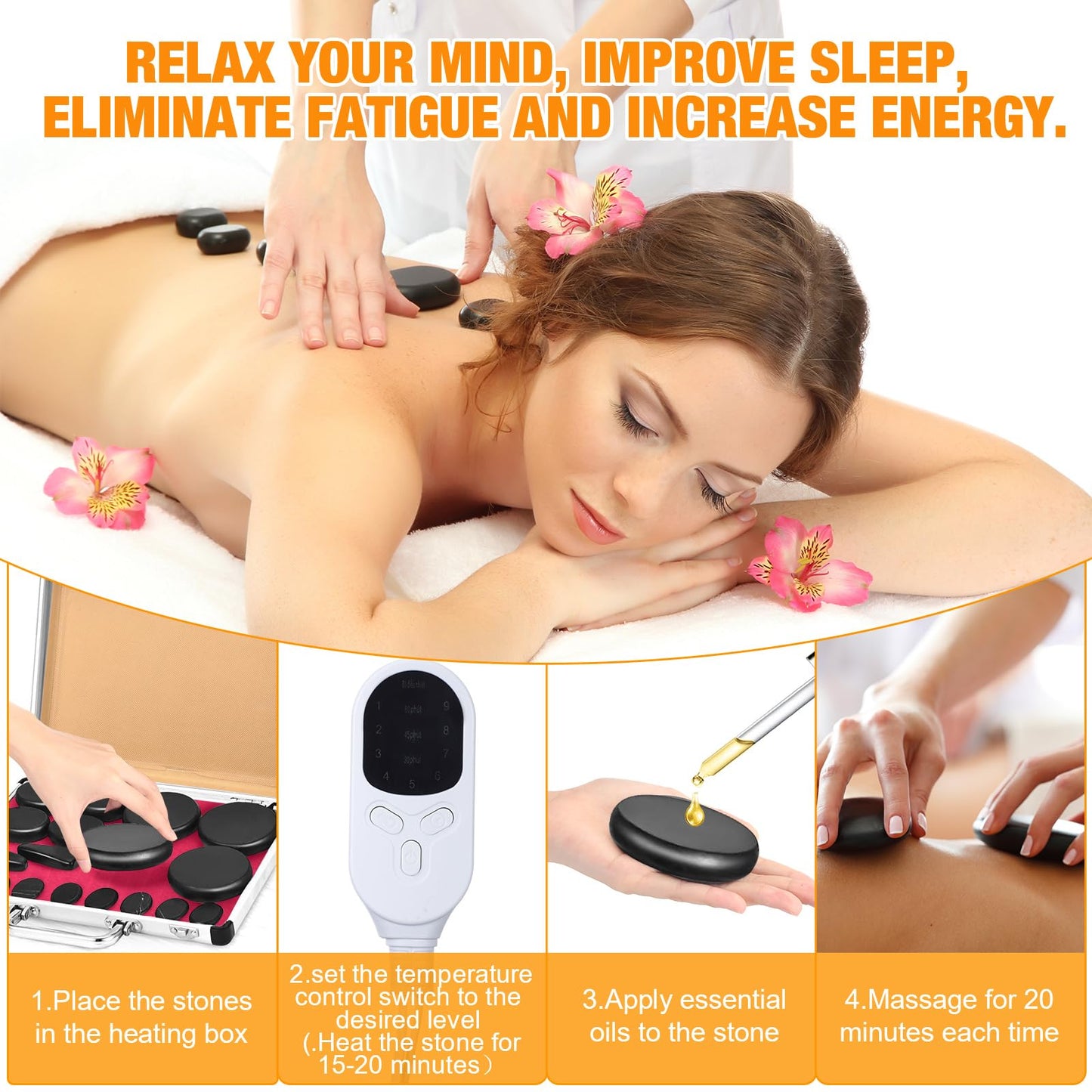 Yunsailing 18 Pcs Hot Stones Massage Set with Electric Heater Box 110v Basalt Massage Rock Kit for Professional Home Spa Warming Relaxing Relief, Constant 50°c (122°f)(Adjustable Temperature)