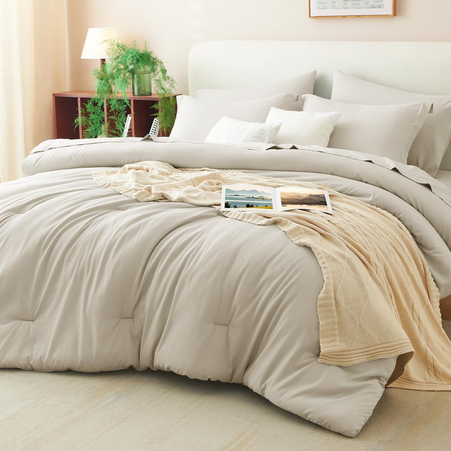 CozyLux King Size Comforter Set Beige, 7 Pieces Bed in a Bag King Comforter Set with Sheets, Luxury Soft Bedding Sets with Down Alternative Comforter, Fitted Sheet, Flat Sheet, Pillowcases & Shams