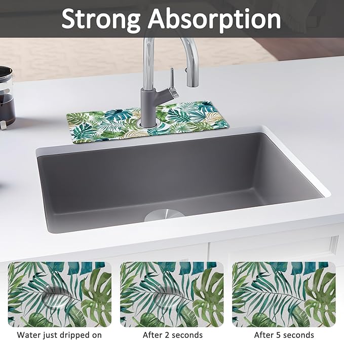 2PCS 15" X 5.5" Kitchen Sink Splash Guard Faucet Mat Leaf Super Absorbent Fast