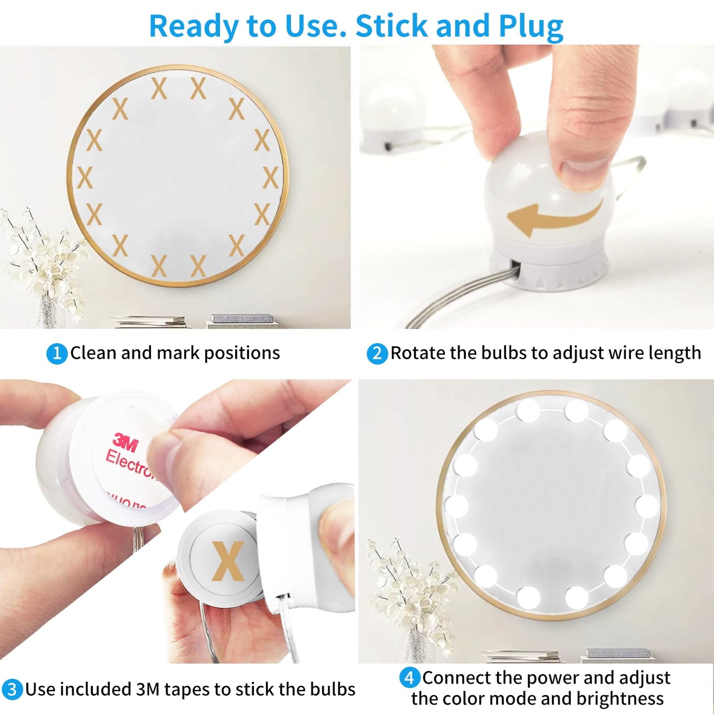 LED Vanity Mirror Lights with 12 Stick On Dimmable Bulbs, 3000K 4500K 6500K & 10 Brightness Levels Adjustable, Plug in USB Cable, Hollywood Style Mirror Lights for Makeup Desk Bathroom Dressing Room