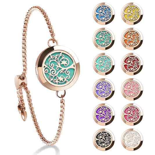 ttstar Essential Oil Diffuser Bracelet Stainless Steel Aromatherapy Locket Adjustable Bracelet Set with 24 Refill Pads in 12 Assorted Colors, Gifts Set for Women(Rose Gold)