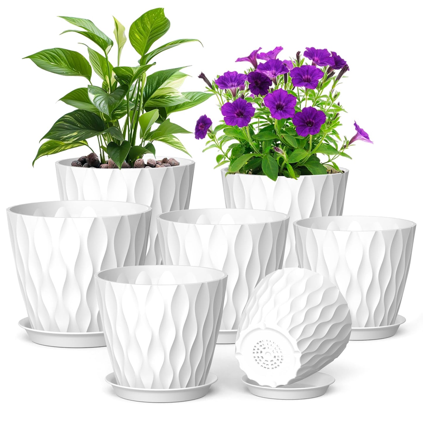 Meowell 7/6.5/6/5.5/5/4.5/4 inch Plant Pots for Indoor Outdoor Plants, 7 Pack Thick Flower Pots with Drainage Holes and Saucers, Modern Wave Texture Plastic Planter Pots for Nursery, Succulent, White