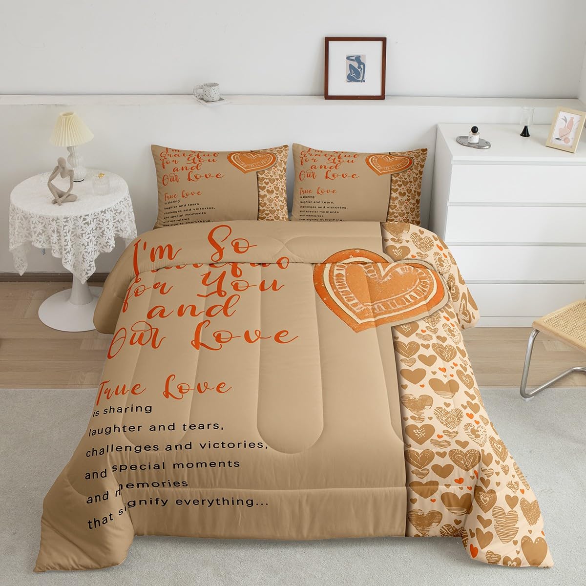 Erosebridal Romantic Love Hearts Comforter Set Queen,Orange Motto Down Comforter,Valentine Gifts Bedding,True Love Bedding Comforter Sets