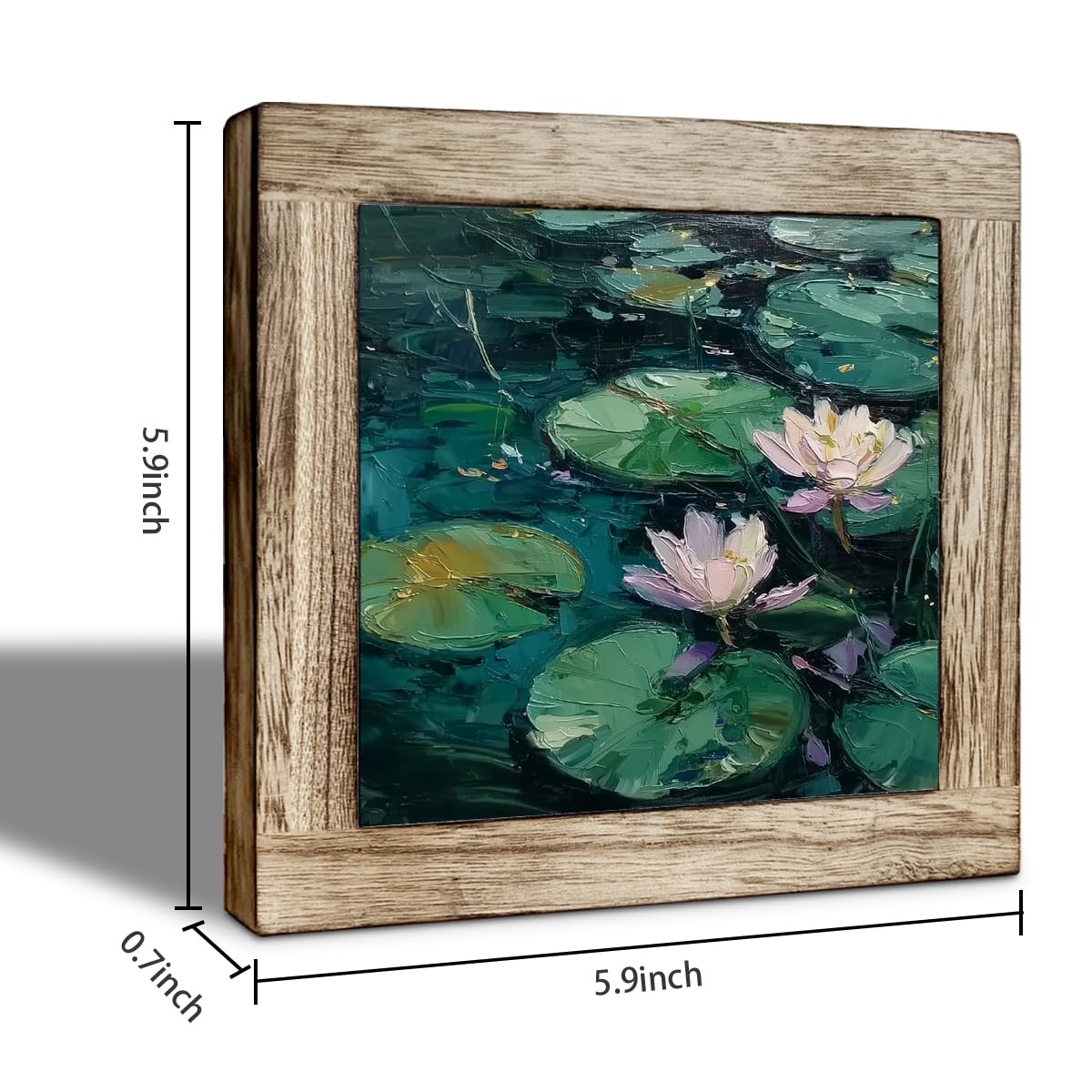 Lotus Desk Decor Wooden Box Sign, Tranquil Water Lily Oil Painting Style Tabletop Plaque, Zen Nature Shelf Counter Accent, Rustic Farmhouse Floral Gift for Home Office