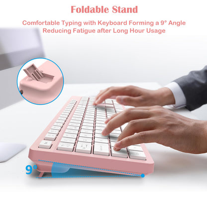 LeadsaiL Wireless Keyboard and Mouse Set, 2.4GHz USB Computer Keyboards and Mouse Combo, Ergonomic Design with 12 Multimedia Shortcuts for HP/Lenovo Laptop and Mac-Pink